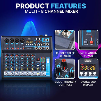 8-Channel Bluetooth Studio Mixer - USB, DSP, Phantom Power, DJ/Studio Use