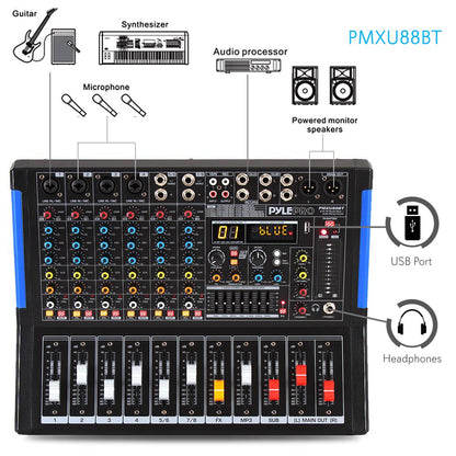 8-Channel Bluetooth DJ Mixer - Pro Sound, USB Recording, 7-Band EQ