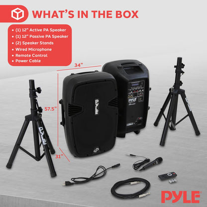 Wireless PA System Kit 1800W - Bluetooth, Dual 12" Speakers, Stands, Mic