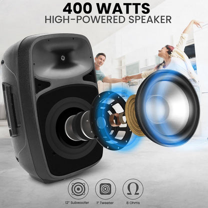 Système de haut-parleur PA Bluetooth 400W, portable, woofer 12", lumières de fête 