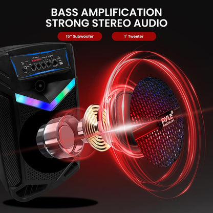 Portable Bluetooth PA Speaker 1200W Rechargeable 15" Subwoofer Party Lights