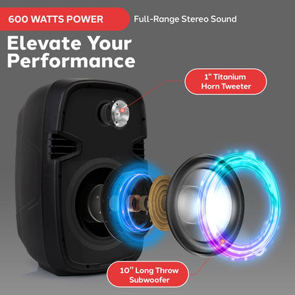 Portable PA Speaker DJ Mixer Bundle, 600W, Bluetooth, LED Lights, 10" Speakers
