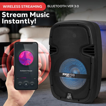 Portable PA Speaker DJ Mixer Bundle, 600W, Bluetooth, LED Lights, 10" Speakers