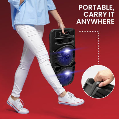 Portable Bluetooth PA Speaker 600W Rechargeable Dual 8" Subwoofer Party Lights