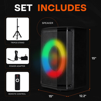 Portable Bluetooth Speaker, Hi-Fi Sound, 8" Woofer, LED Lights, 120W