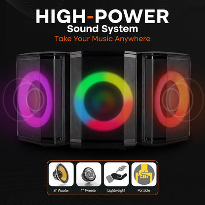 Portable Bluetooth Speaker, Hi-Fi Sound, 8" Woofer, LED Lights, 120W