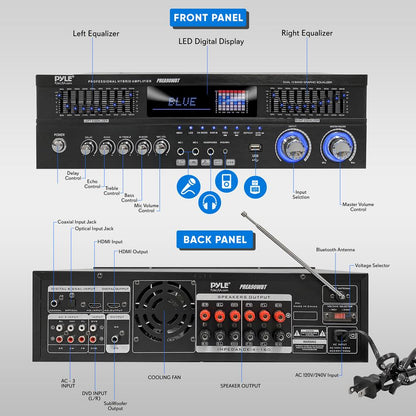 6-Channel Bluetooth Home Amplifier 1600W Wireless Streaming USB Inputs