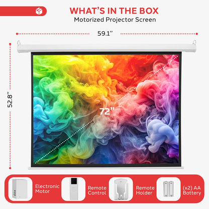 72" Motorized Projector Screen, Quick Setup, Matte White, Remote Control