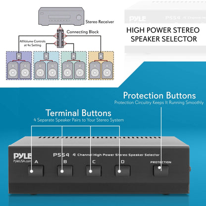 4-Zone Speaker Switch Selector, 4 Pairs, 100W, 8 Ohm, Protection Circuitry