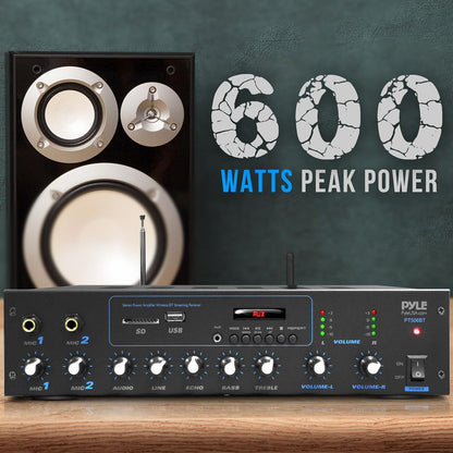 600W Bluetooth Stereo Amplifier - Wireless Streaming, FM Radio, Metal Housing