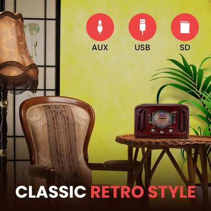Retro Bluetooth Radio Speaker - Vintage Style, Wood, USB/SD, AM/FM Tuner