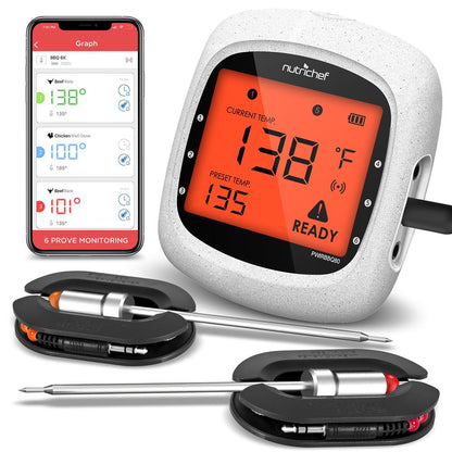 Bluetooth Meat Thermometer, 6 Probes, 400 Ft Range, LCD Display