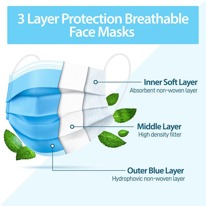 1000pcs 3-Ply Disposable Face Masks, Breathable Non-Woven, Blue