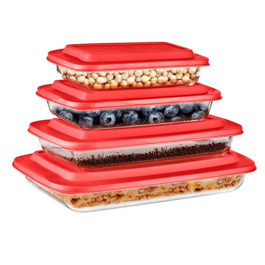8-Piece Glass Baking Dish Set - Oven Safe, Borosilicate, Red