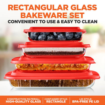 8-Piece Glass Baking Dish Set - Oven Safe, Borosilicate, Red