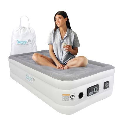 Twin Air Mattress, ComfortCoil Tech, Built-in Pump, Gray, 18" Raised