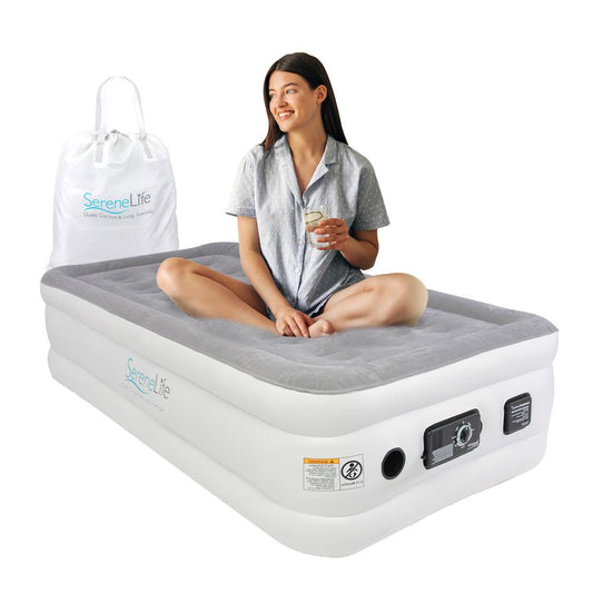 Twin Air Mattress, ComfortCoil Tech, Built-in Pump, Gray, 18" Raised