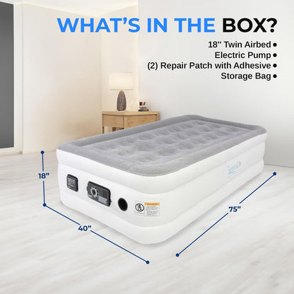 Twin Air Mattress, ComfortCoil Tech, Built-in Pump, Gray, 18" Raised