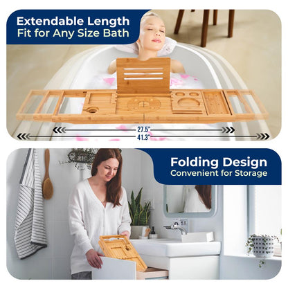 Bamboo Bathtub Caddy Adjustable Non-Slip Expandable 41.3" Natural