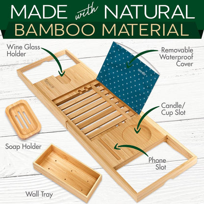 Bamboo Bathtub Caddy Comfort Extendable Tray Natural Waterproof
