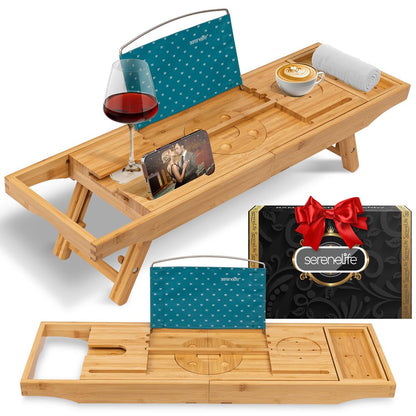 Bamboo Bathtub Caddy - Adjustable, Foldable, Waterproof, Dark Brown