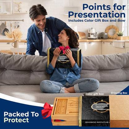 Bamboo Bathtub Caddy - Adjustable, Foldable, Waterproof, Dark Brown