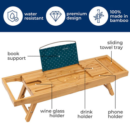 Bamboo Bathtub Caddy - Adjustable, Foldable, Waterproof, Dark Brown
