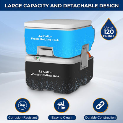 Portable Camping Toilet, Leak-Proof, 5.3 Gal Waste Tank, Easy Clean
