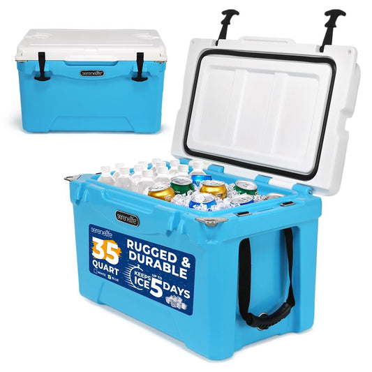 35 Qt Portable Cooler Box, 5-Day Ice Retention, 2-Way Handles, Blue