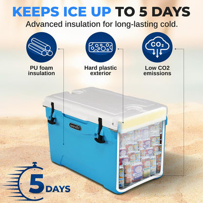 50 Qt Cooler Box, 5-Day Ice Retention, Heavy-Duty Insulation, Blue