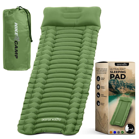 Sleeping Pad with Pillow - Fast Inflation, Tear-Resistant, Green