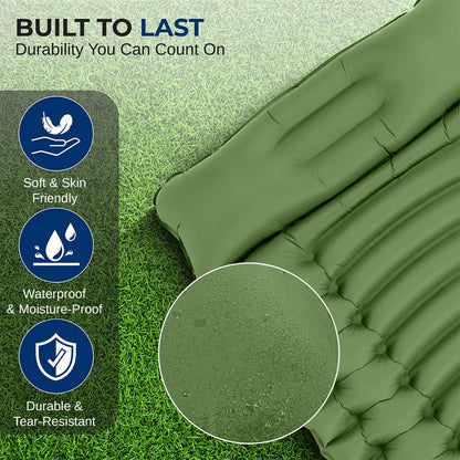 Sleeping Pad with Pillow - Fast Inflation, Tear-Resistant, Green