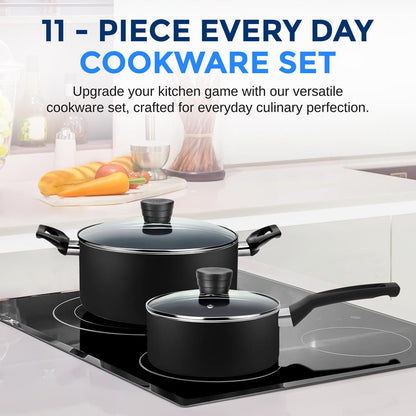 11-Piece Non-Stick Cookware Set, Even Heat, Black Coating