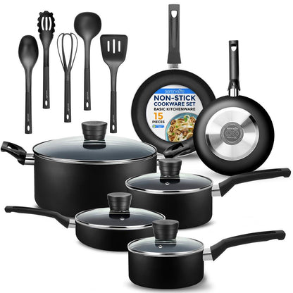 15-Piece Non-Stick Cookware Set, Even Heat, Black Coating