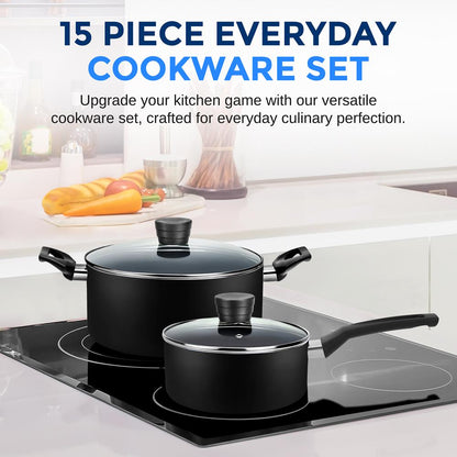 15-Piece Non-Stick Cookware Set, Even Heat, Black Coating