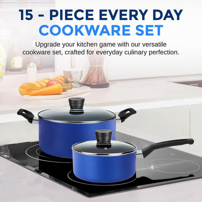15-Pc Cookware Set - Even Heat Non-Stick Coating - Blue
