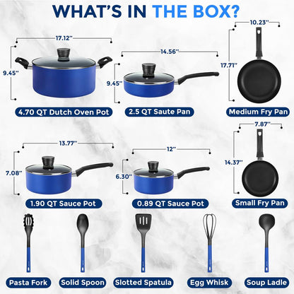 15-Pc Cookware Set - Even Heat Non-Stick Coating - Blue