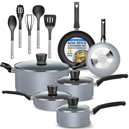 15-Piece Non-Stick Cookware Set, Even Heat, Gray