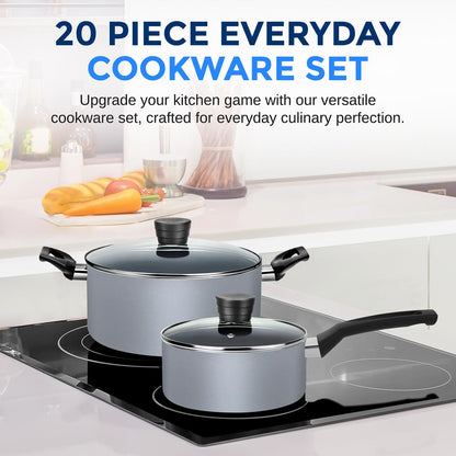 20-Piece Non-Stick Cookware Set, Even Heat, Gray