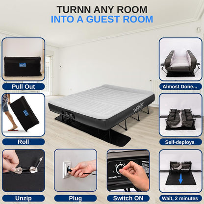 Inflatable Air Mattress with Frame, Auto Inflate, Memory Foam Cover, King
