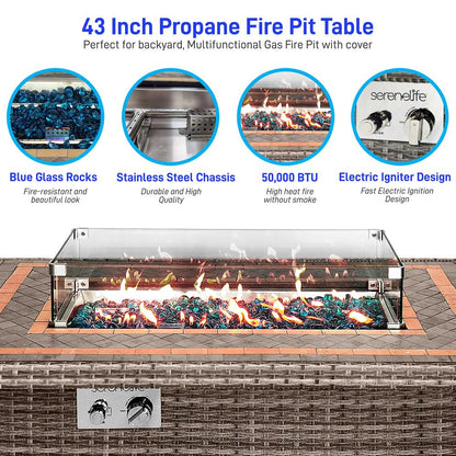 Outdoor Propane Fire Pit Table 50,000 BTU Tile Top Glass Wind Guard