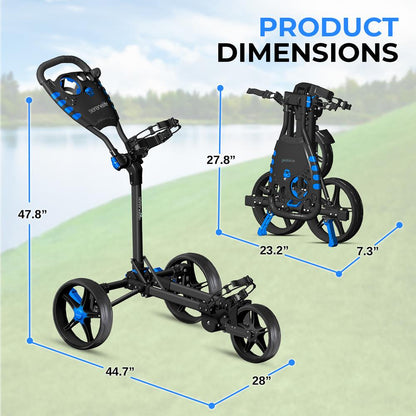 3-Wheel Golf Push Cart, Easy Fold, Aluminum Frame, Smooth Roll