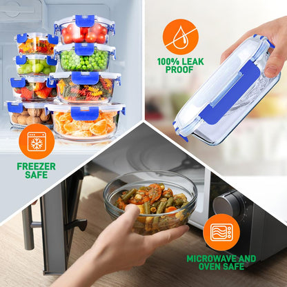24-Piece Glass Storage Set, Leak-Proof, High Borosilicate, Blue