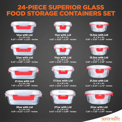 24-Piece Glass Storage Set, Leak-Proof, High Borosilicate, Red Lids