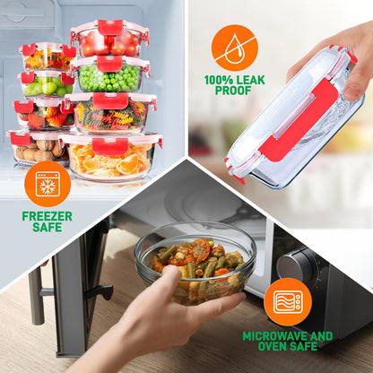 24-Piece Glass Storage Set, Leak-Proof, High Borosilicate, Red Lids