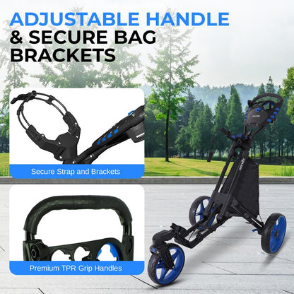 3-Wheel Golf Push Cart - Lightweight Aluminum, Easy Fold, Cooler Storage