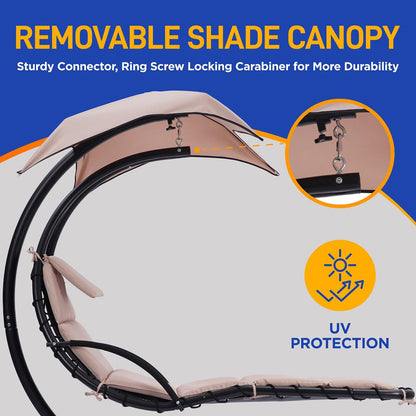 Outdoor Hanging Chaise Lounge Chair, UV Protection, Steel Frame, Beige