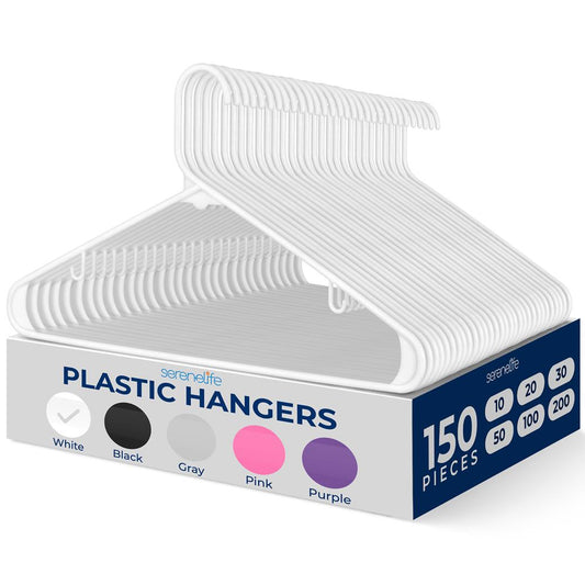 SereneLife 150 Pack Plastic Hangers, Non-Slip, Space-Saving Closet Organizers, Durable and Strong for Shirts, Sweaters, Hoodies, Kids Clothes & Dresses, Ultra-Thin, Lightweight