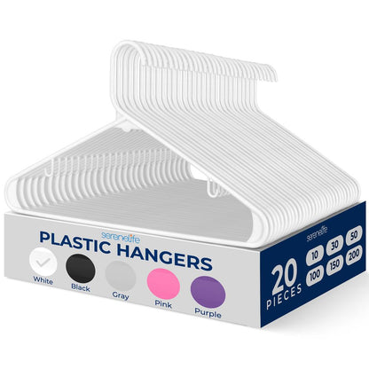SereneLife Premium 20 Pack Plastic Hangers, Lightweight, Durable, Space Saving Clothes Organizers, Suitable for Shirts, Sweaters, Hoodies, Dresses, Kids Clothes, Good For Home Organization (White)