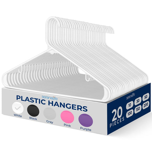 SereneLife Premium 20 Pack Plastic Hangers, Lightweight, Durable, Space Saving Clothes Organizers, Suitable for Shirts, Sweaters, Hoodies, Dresses, Kids Clothes, Good For Home Organization (White)